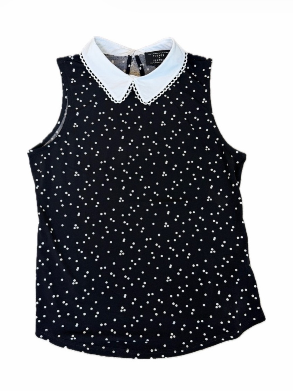 Flower & Feather Women’s Black White Sleeveless Blouse Peter Pan Collar L Retro